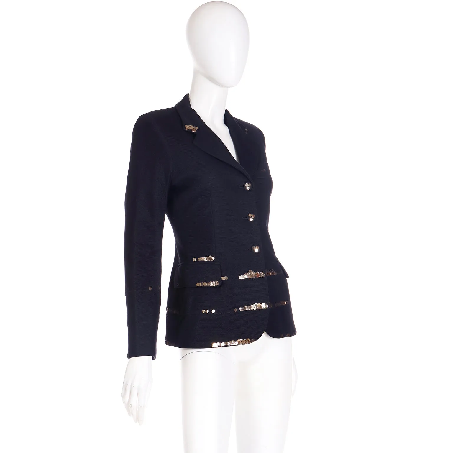 1990s Moschino Black Jacket w Fine Mesh Overlay & Gold Sequins