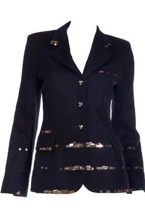 1990s Moschino Black Jacket w Fine Mesh Overlay & Gold Sequins