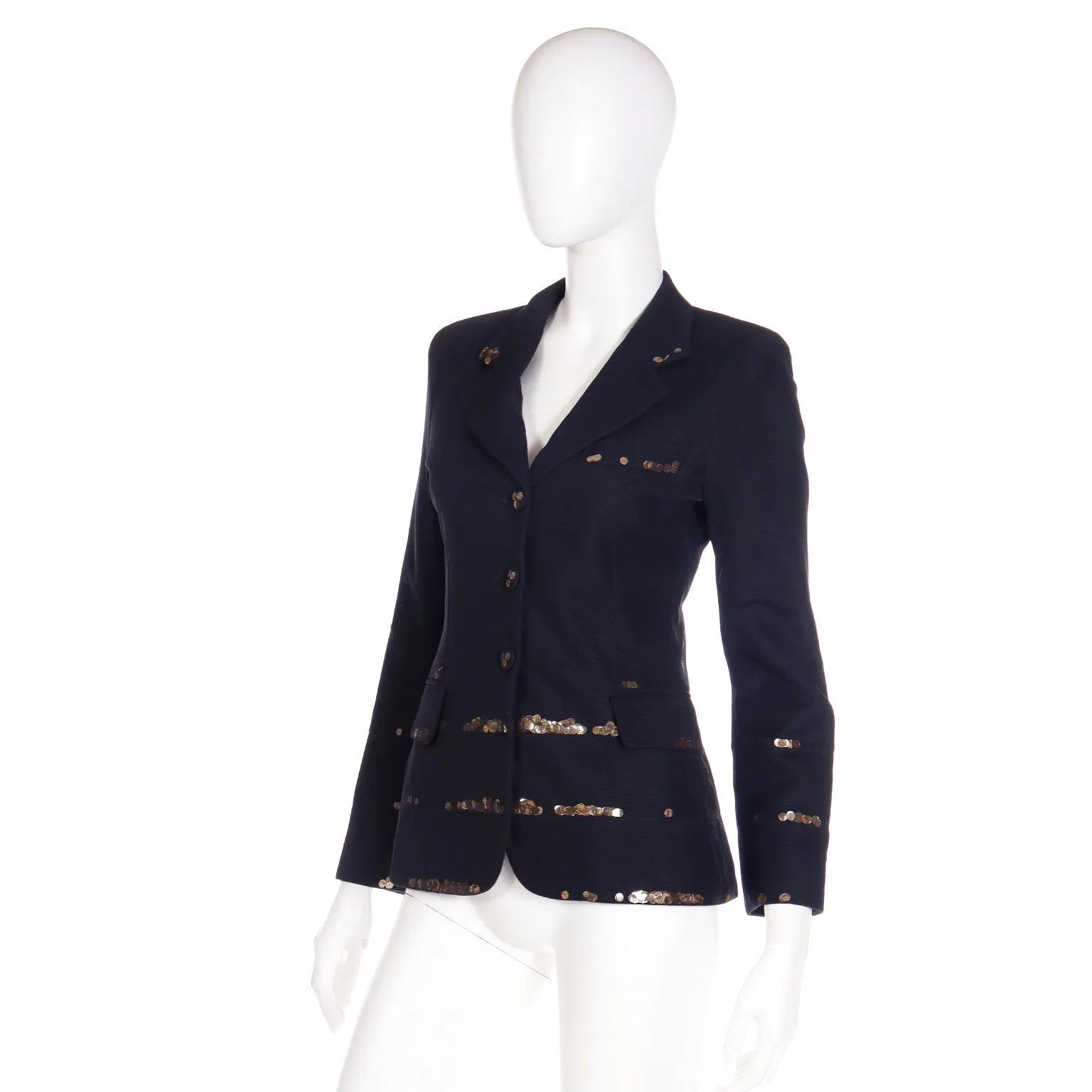 1990s Moschino Black Jacket w Fine Mesh Overlay & Gold Sequins