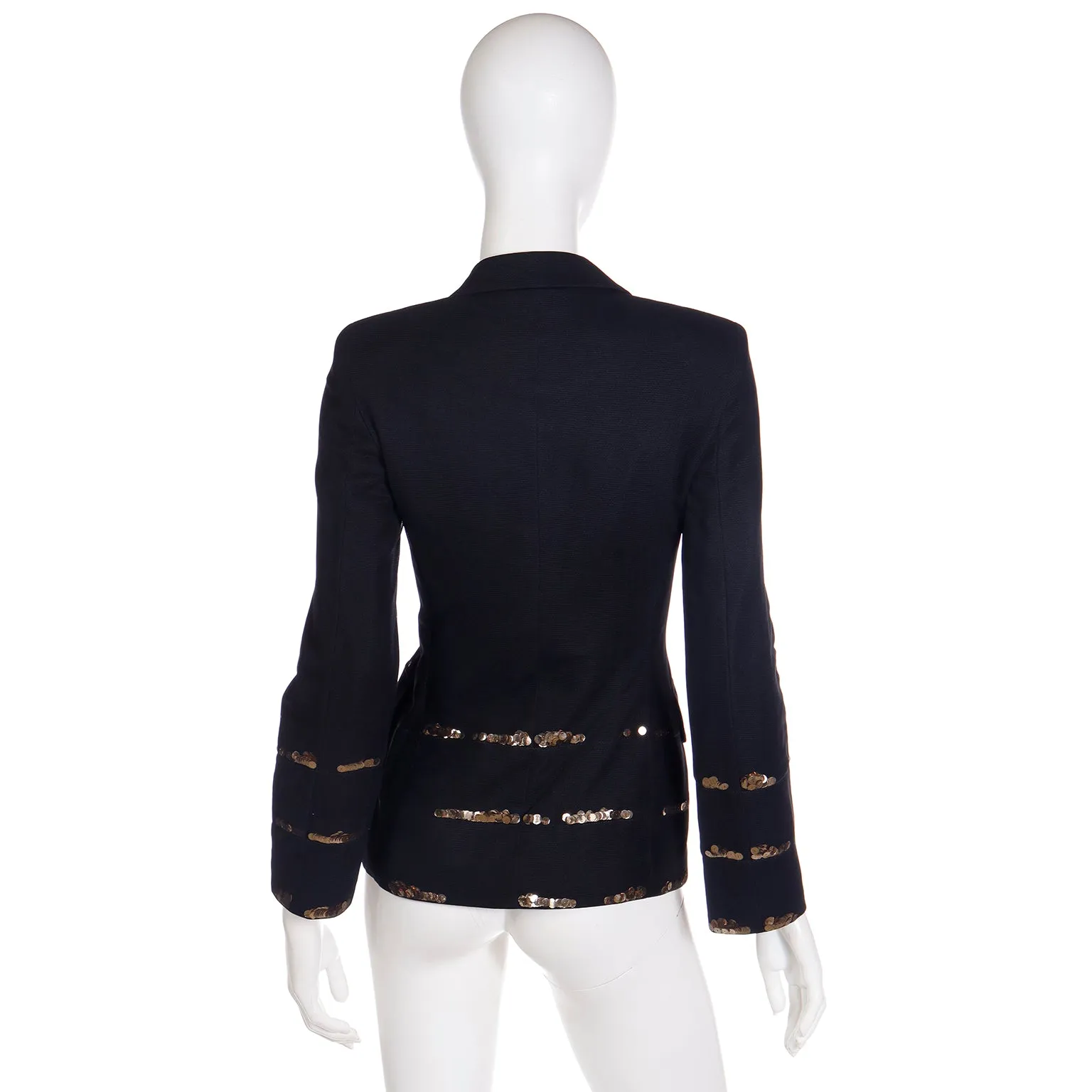 1990s Moschino Black Jacket w Fine Mesh Overlay & Gold Sequins