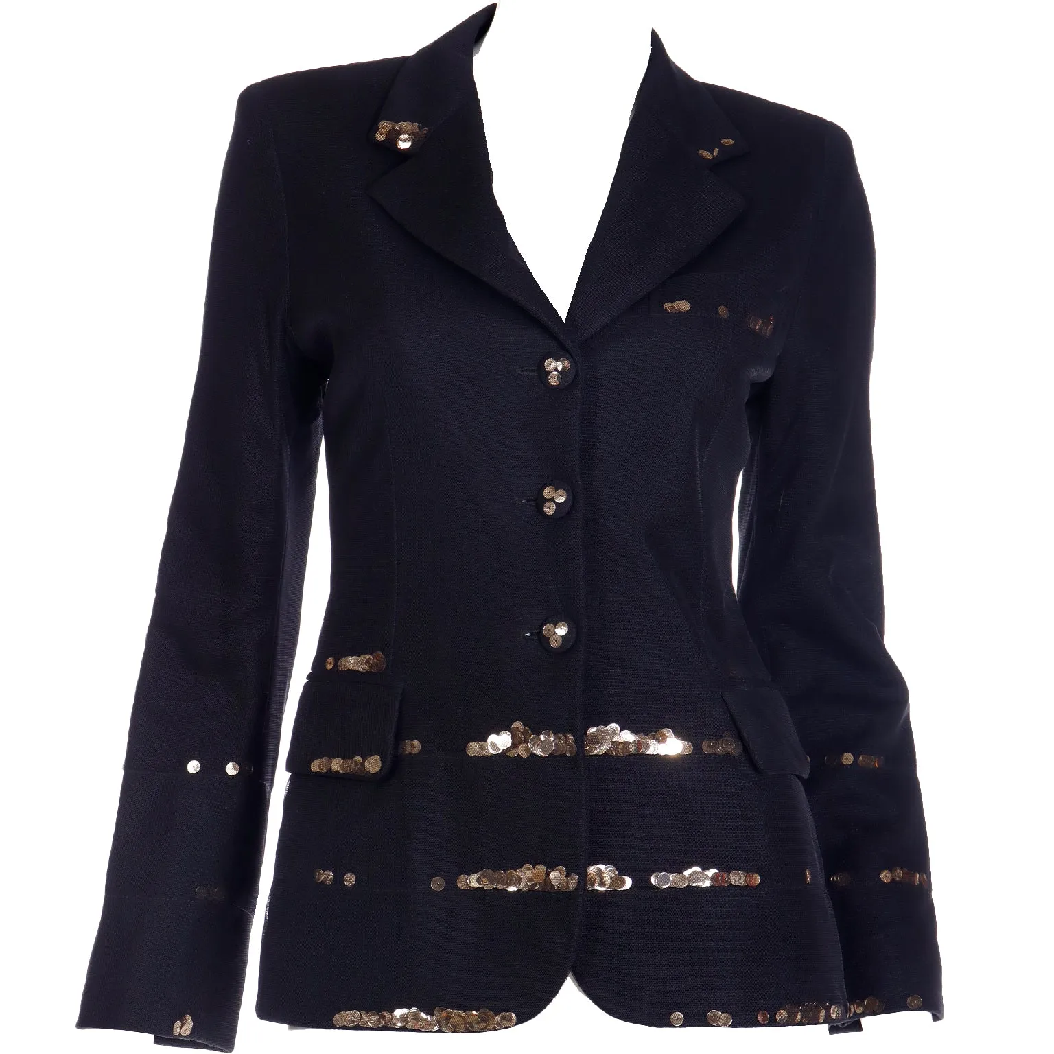 1990s Moschino Black Jacket w Fine Mesh Overlay & Gold Sequins