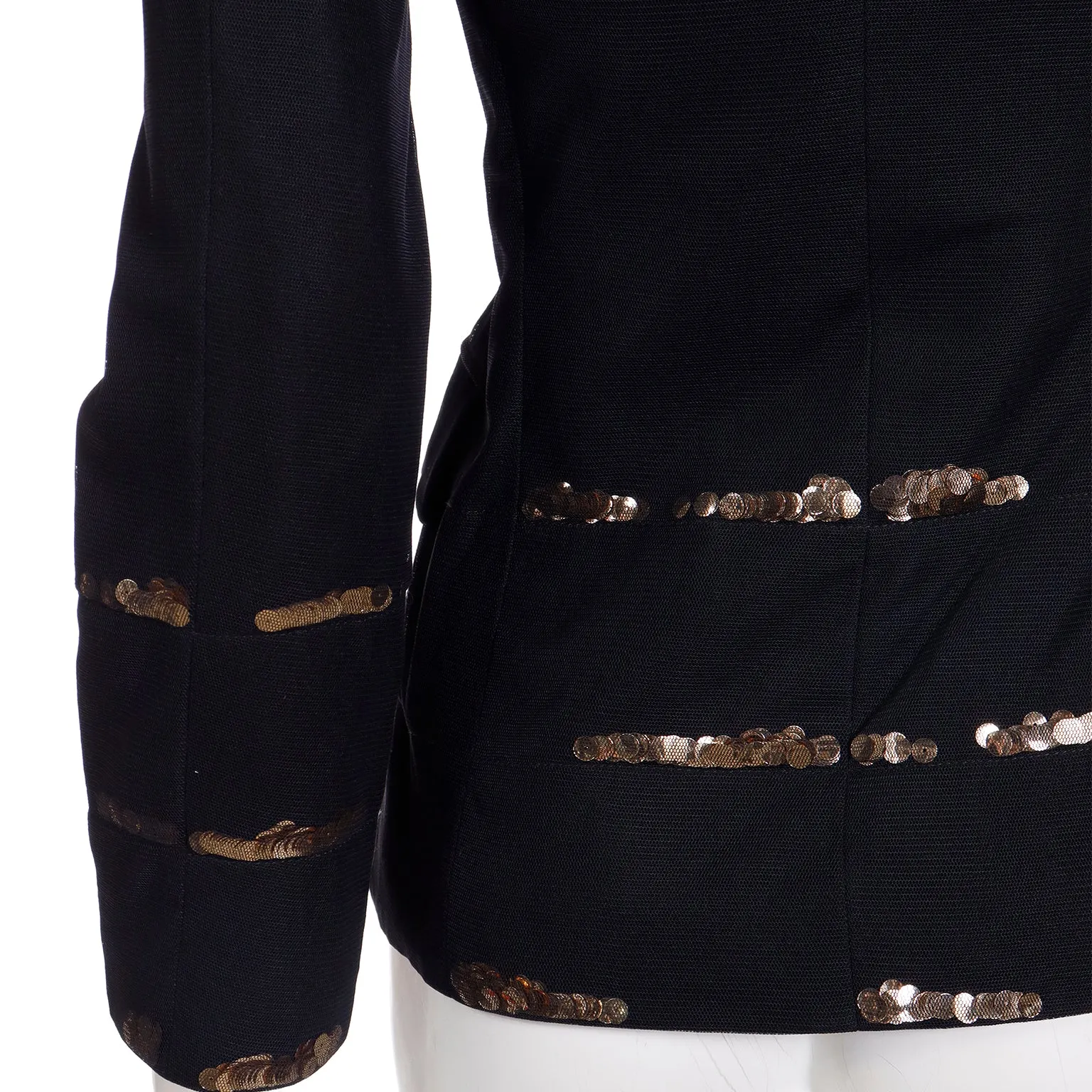 1990s Moschino Black Jacket w Fine Mesh Overlay & Gold Sequins