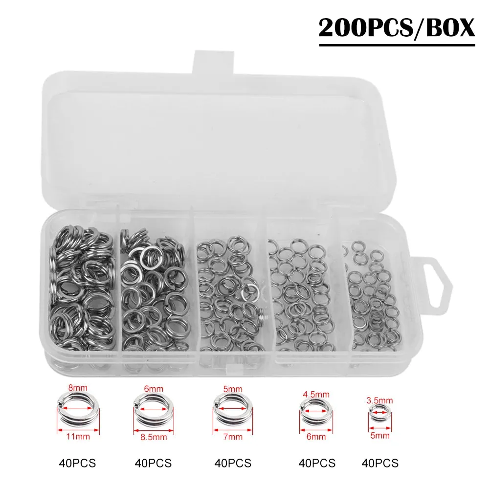 200pcs Assorted 5 Size Split Rings Stainless Steel Fishing Lures Tackle Connectors with Fishing Pliers