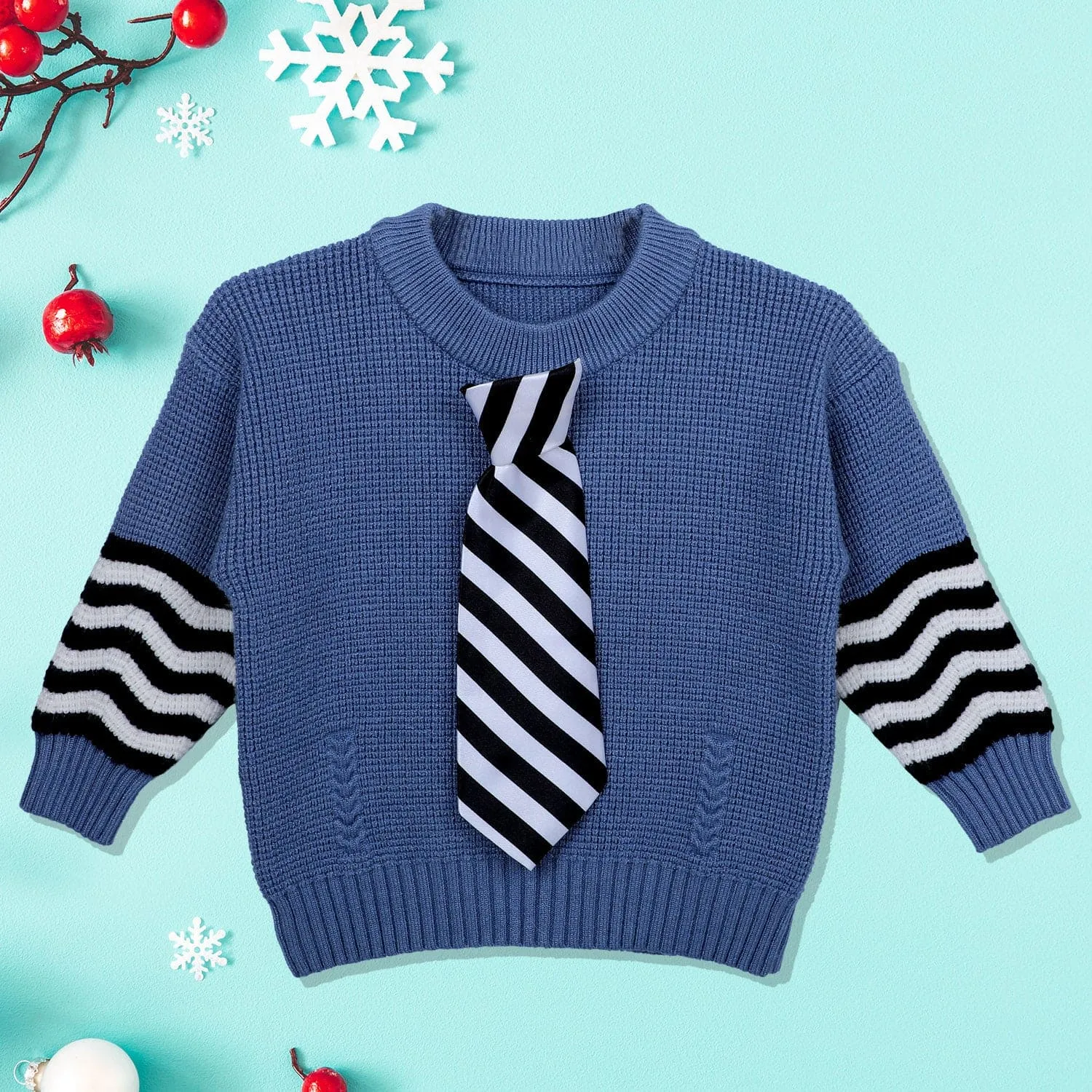 3D Neck Tie Premium Full Sleeves Knitted Sweater - Blue