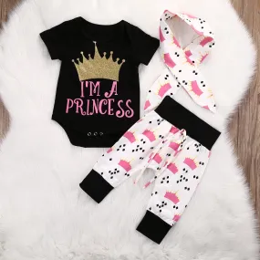 3pcs Crown Baby Clothes Sets Baby Girls Crown Short Sleeve Rompers Pants Leggings Outfits Set