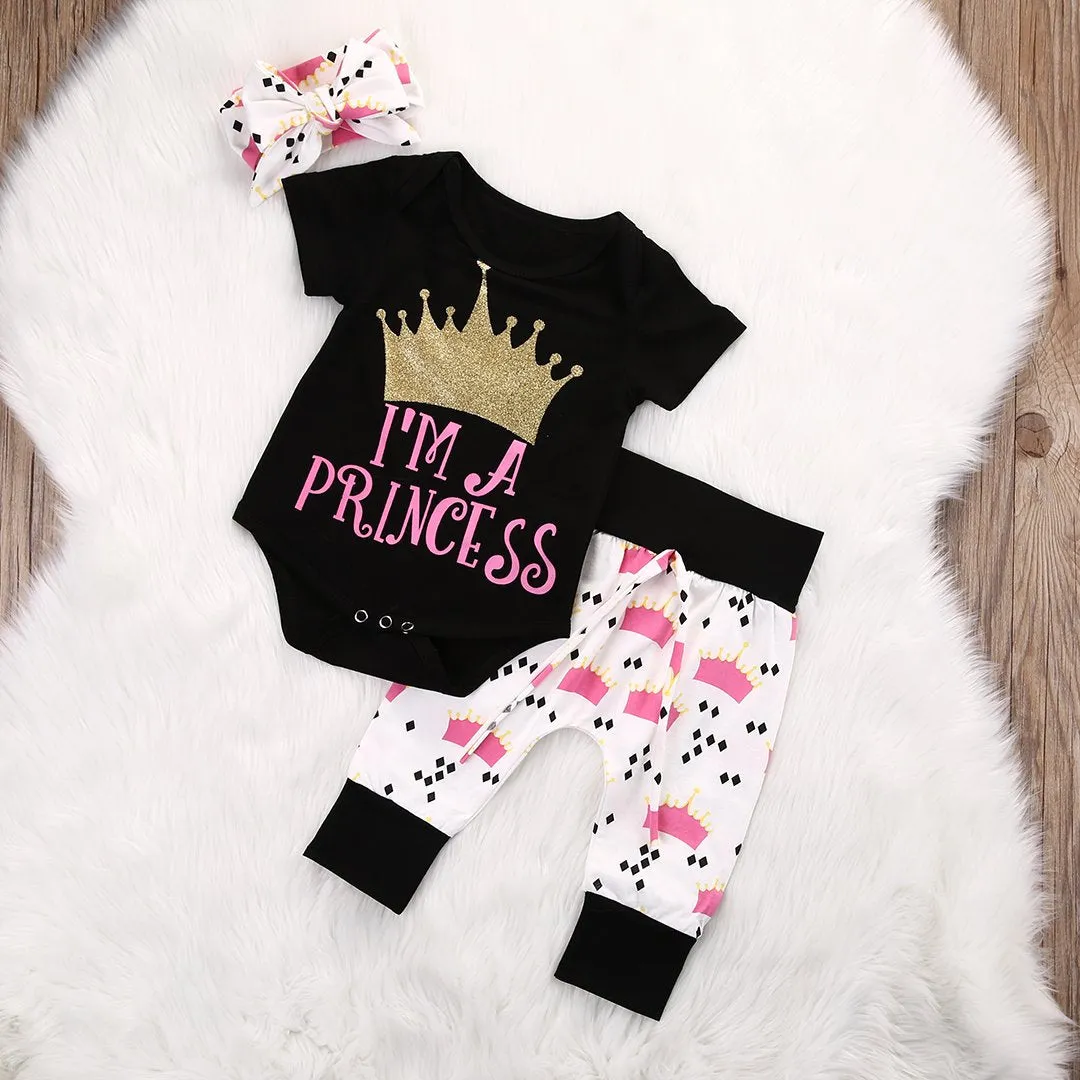 3pcs Crown Baby Clothes Sets Baby Girls Crown Short Sleeve Rompers Pants Leggings Outfits Set