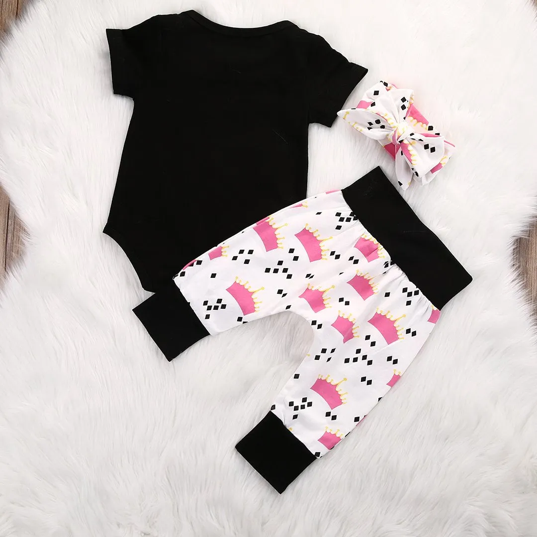 3pcs Crown Baby Clothes Sets Baby Girls Crown Short Sleeve Rompers Pants Leggings Outfits Set