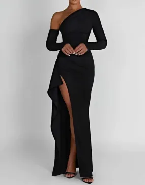 A&A Luxe Oblique Shoulder Thigh High Split Maxi Dress