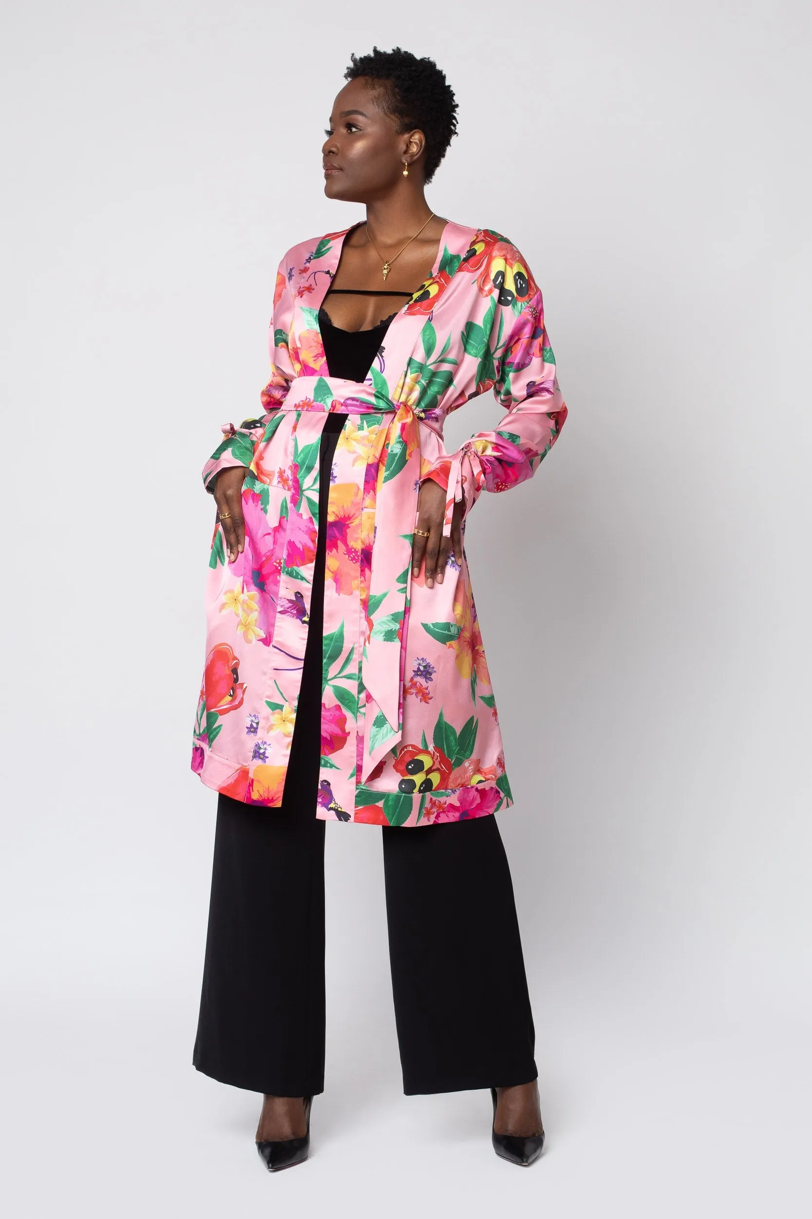 Ackee Print Tie Sleeve Charmeuse Painter's Robe