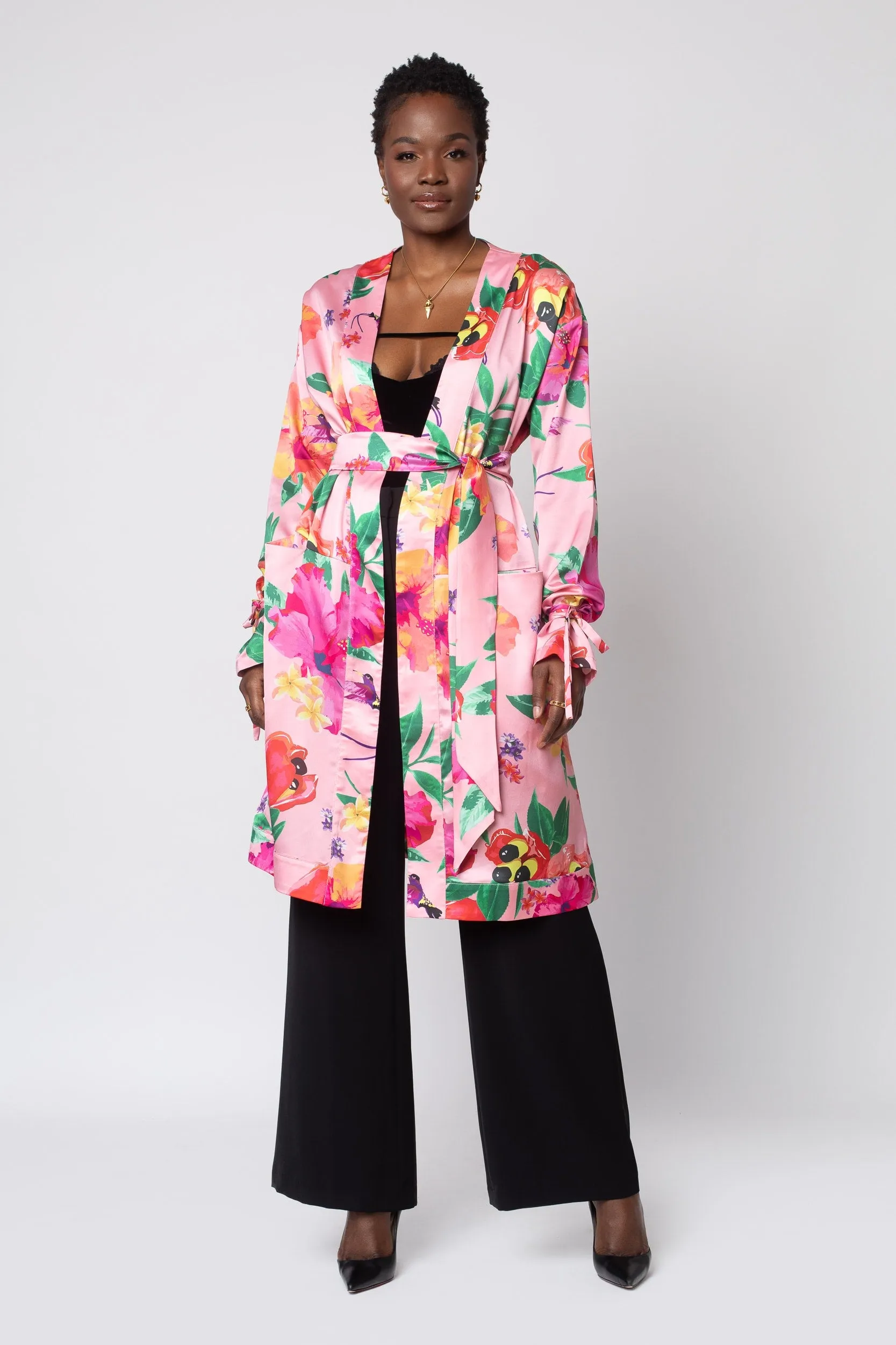 Ackee Print Tie Sleeve Charmeuse Painter's Robe