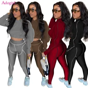 Adogirl Women Patchwork Tracksuit Long Sleeve Pullover Hooded Sweatshirts Crop Tops Leggings Pants Autumn Fitness Jogging Suit