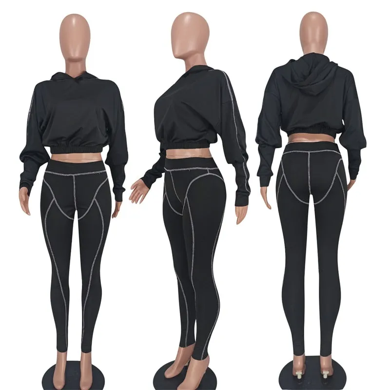 Adogirl Women Patchwork Tracksuit Long Sleeve Pullover Hooded Sweatshirts Crop Tops Leggings Pants Autumn Fitness Jogging Suit