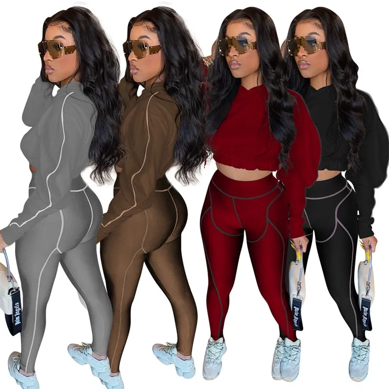 Adogirl Women Patchwork Tracksuit Long Sleeve Pullover Hooded Sweatshirts Crop Tops Leggings Pants Autumn Fitness Jogging Suit