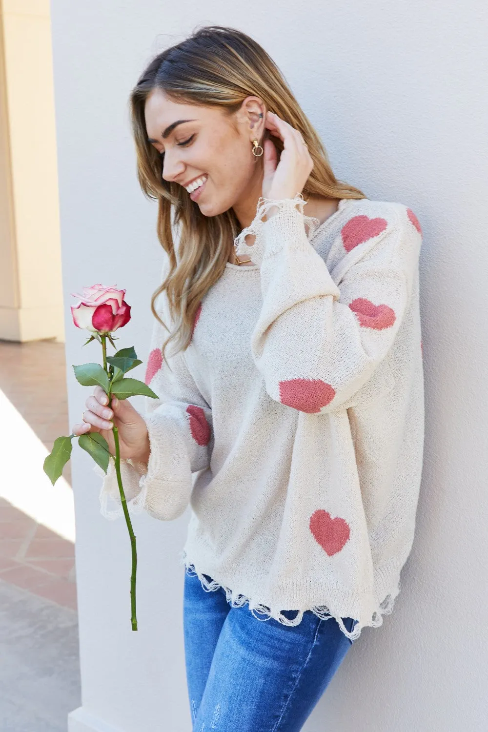 ADORA Full Size Heart Round Neck Distressed Sweater