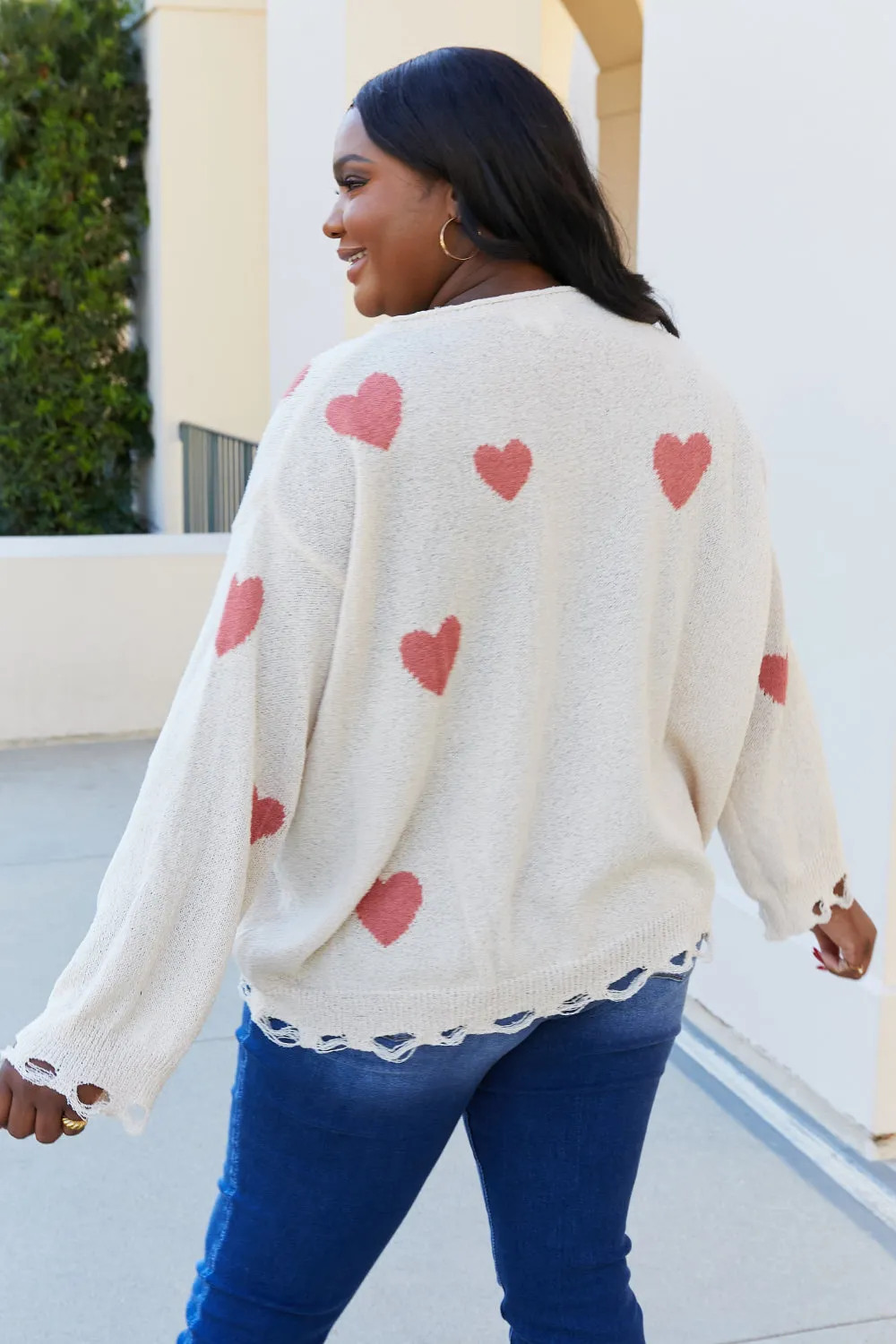 ADORA Full Size Heart Round Neck Distressed Sweater