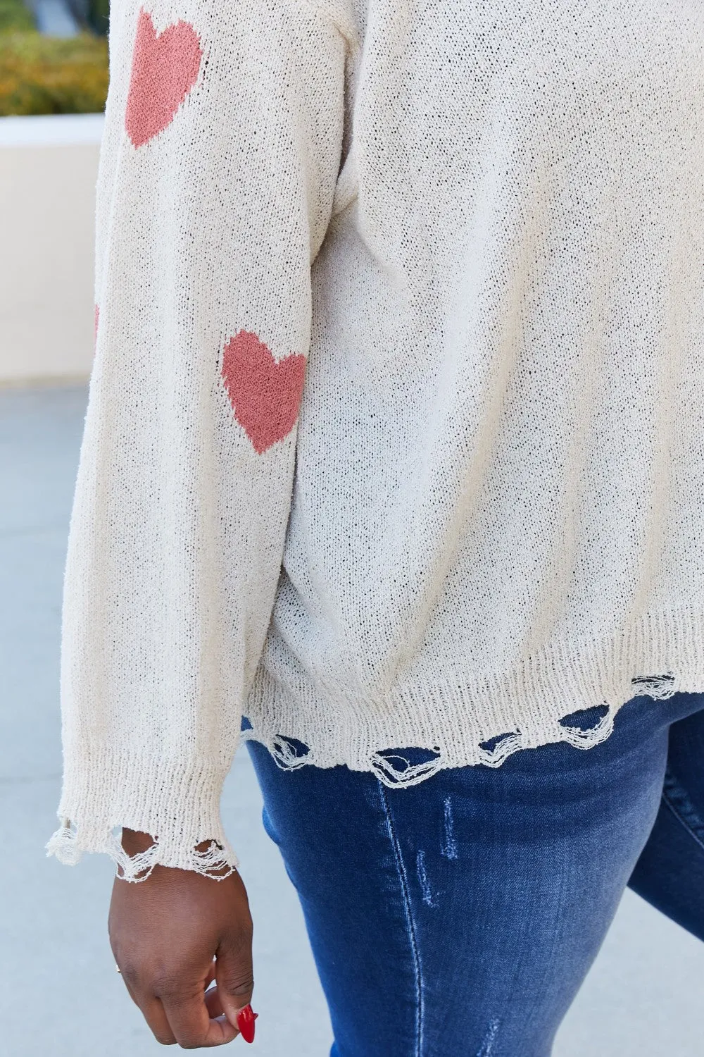 ADORA Full Size Heart Round Neck Distressed Sweater