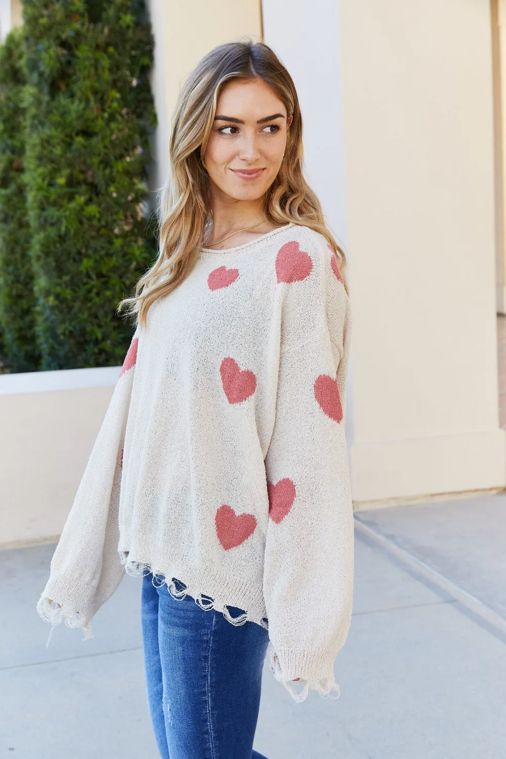 ADORA Full Size Heart Round Neck Distressed Sweater