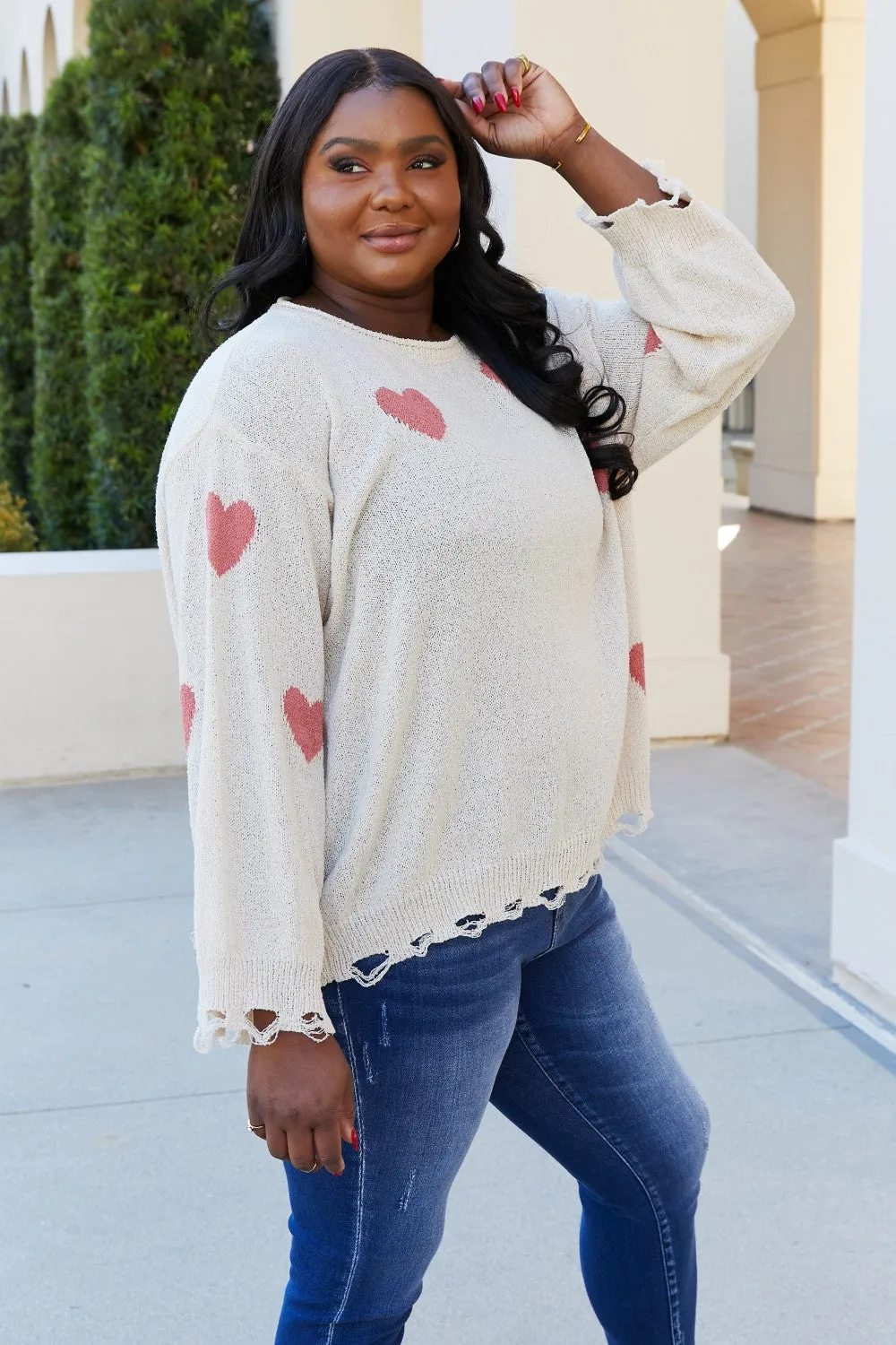 ADORA Full Size Heart Round Neck Distressed Sweater