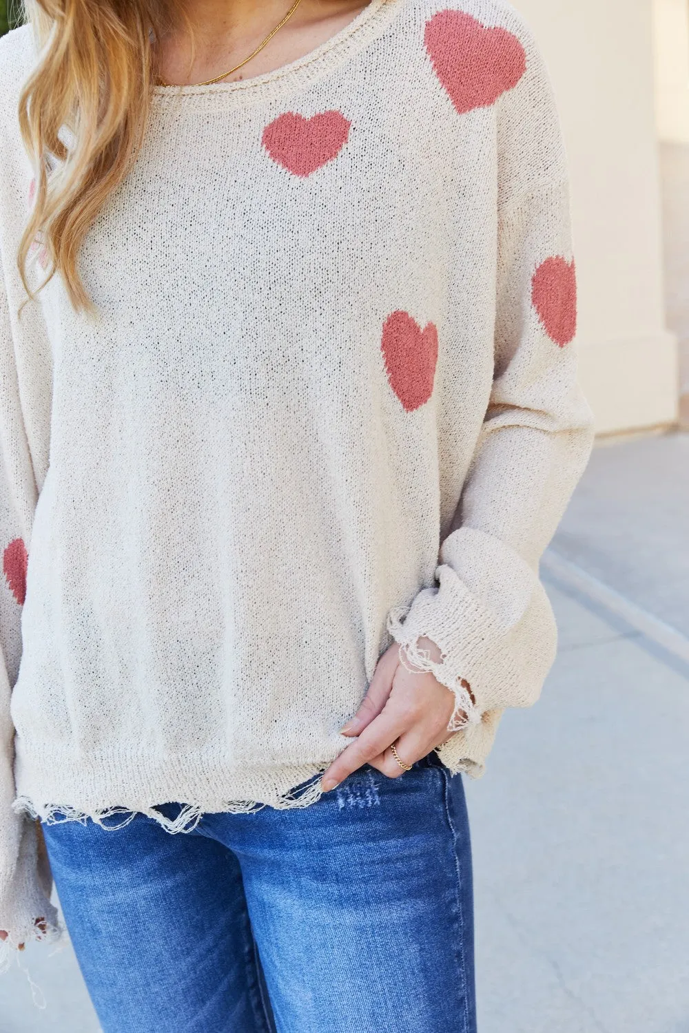 ADORA Full Size Heart Round Neck Distressed Sweater