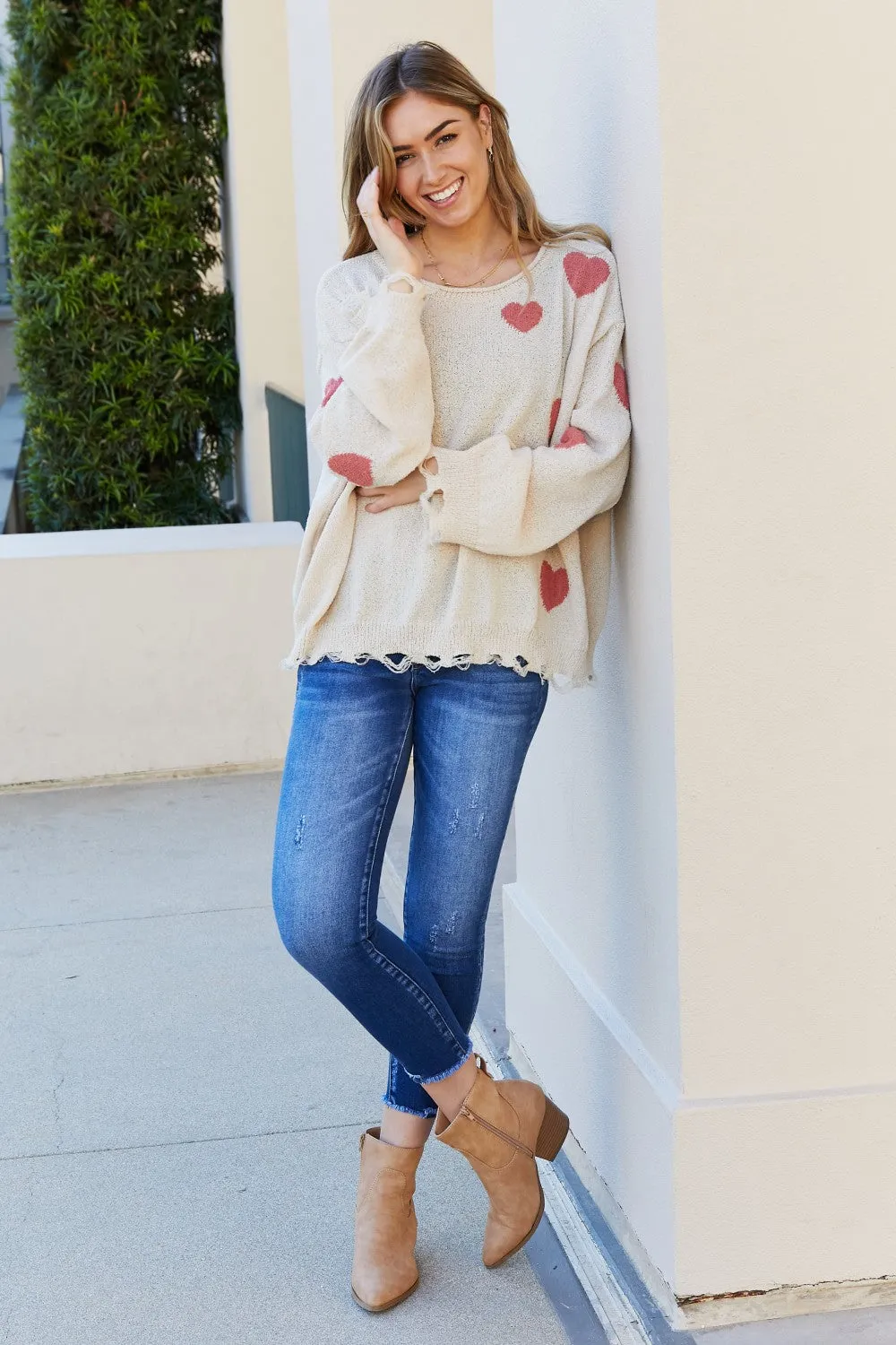 ADORA Full Size Heart Round Neck Distressed Sweater