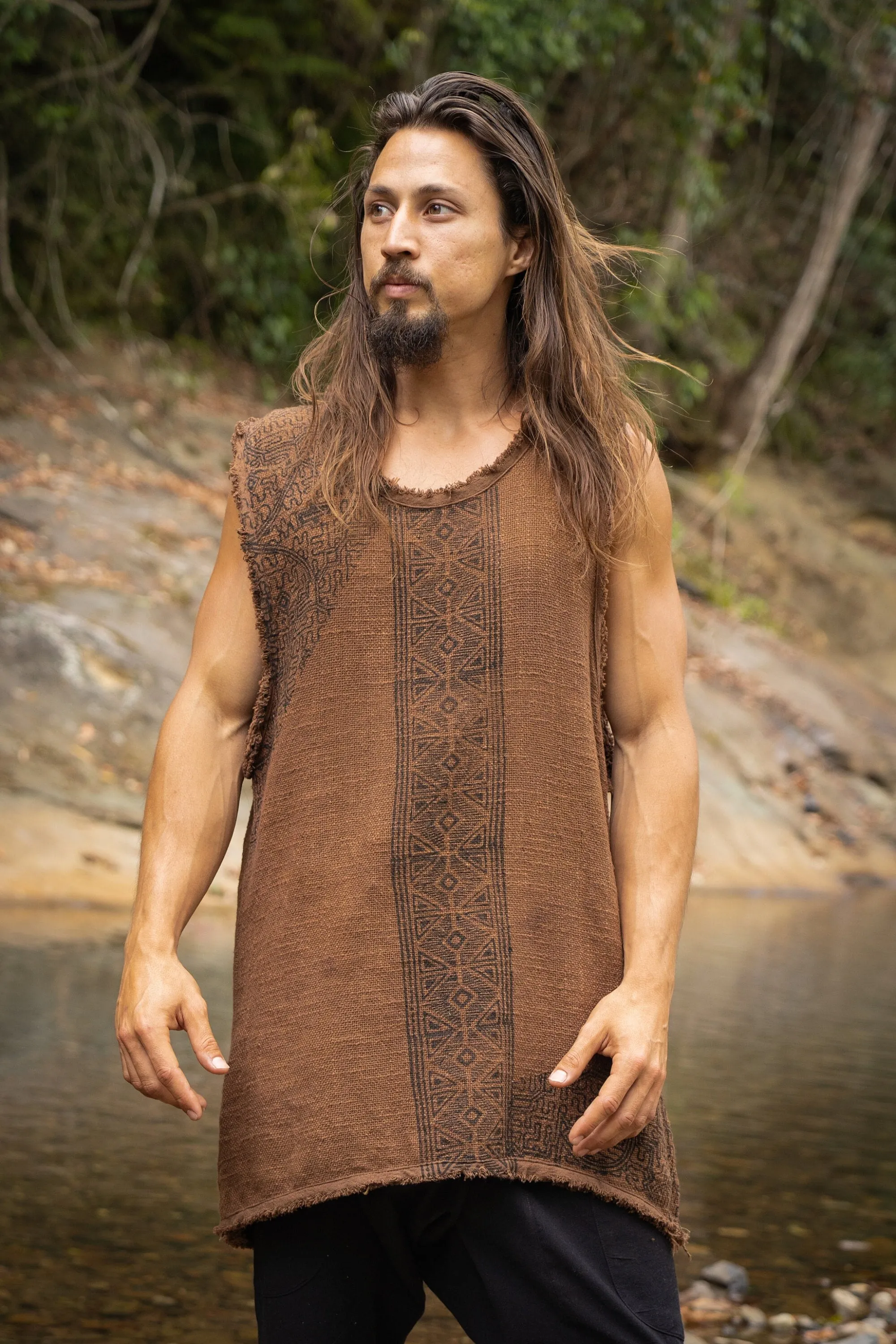 AKAU Beige Tank Top Sleeveless Shirt Shipibo Block Printed Handmade Natural Muscle Cotton Shamanic Tribal Festival Ritual Ceremony AJJAYA