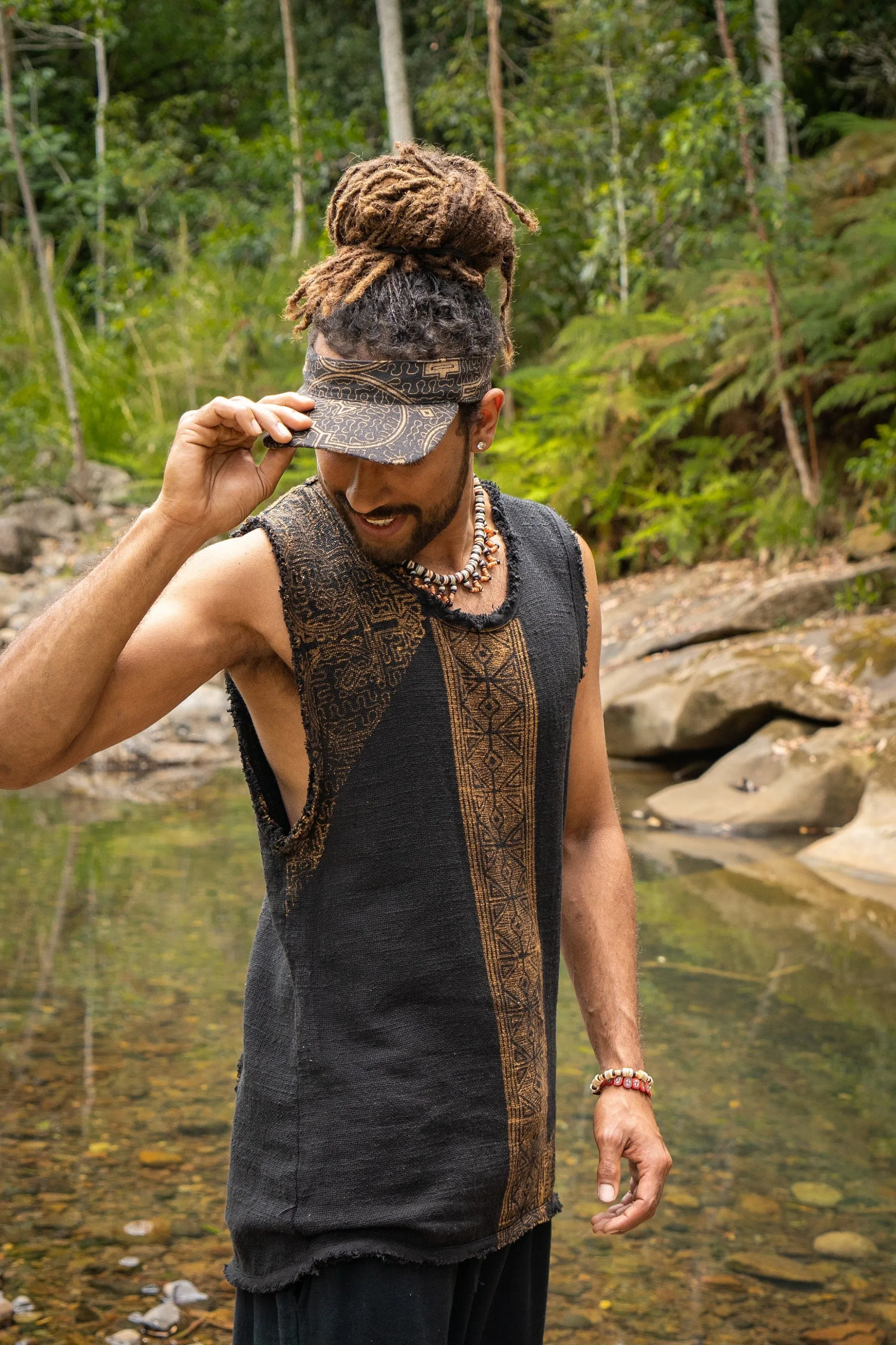 AKAU Beige Tank Top Sleeveless Shirt Shipibo Block Printed Handmade Natural Muscle Cotton Shamanic Tribal Festival Ritual Ceremony AJJAYA