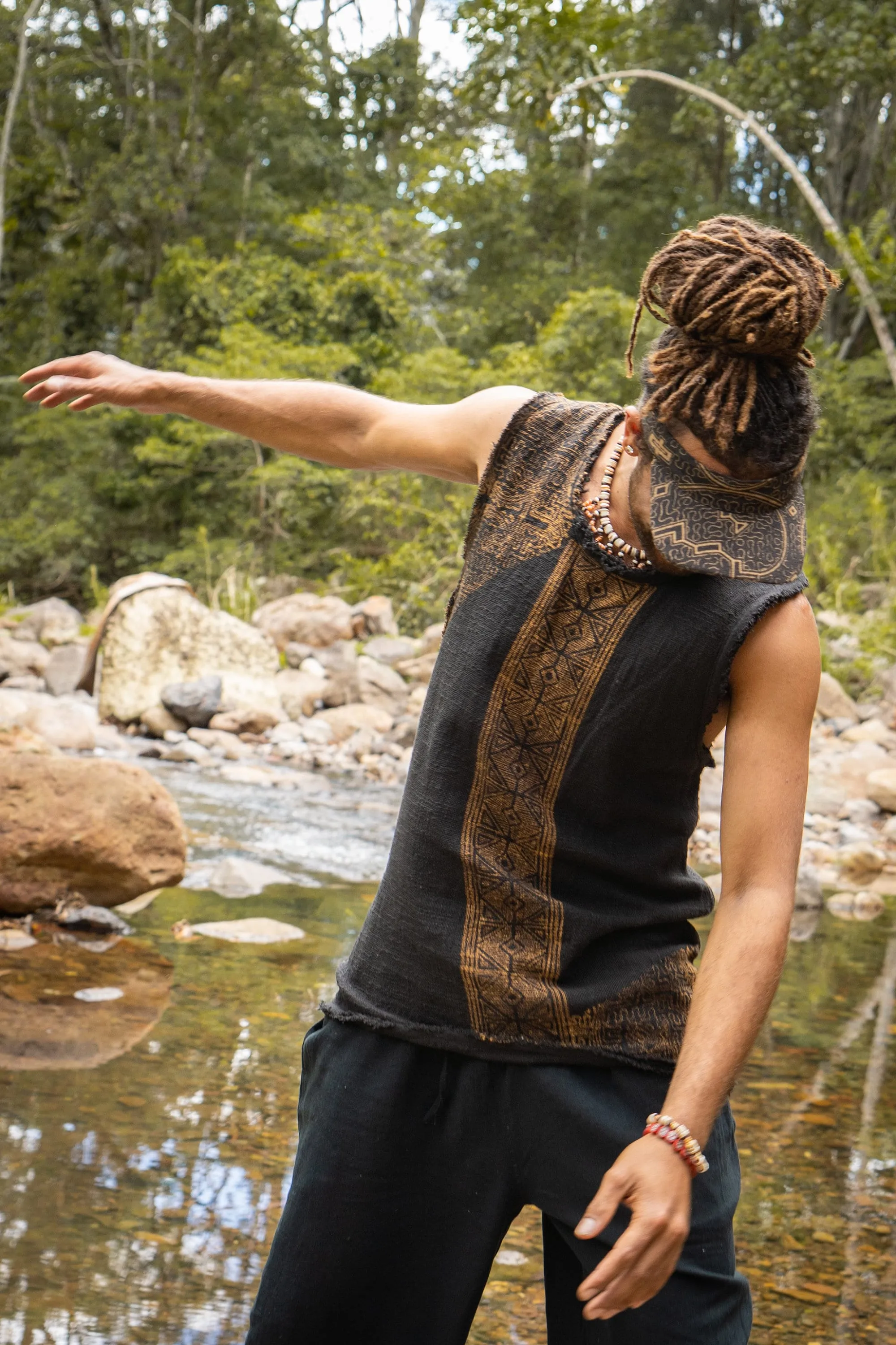 AKAU Beige Tank Top Sleeveless Shirt Shipibo Block Printed Handmade Natural Muscle Cotton Shamanic Tribal Festival Ritual Ceremony AJJAYA