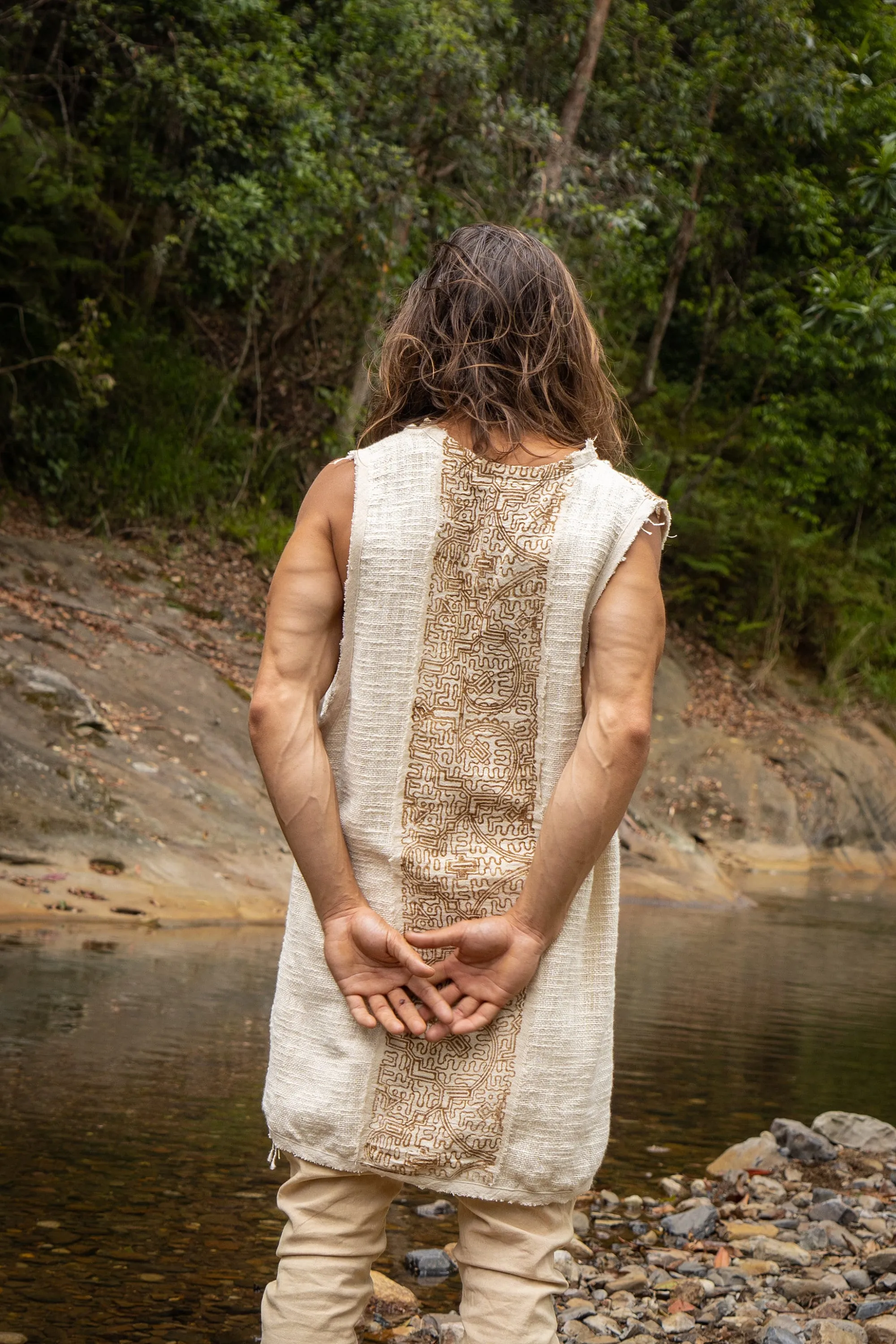 AKAU Beige Tank Top Sleeveless Shirt Shipibo Block Printed Handmade Natural Muscle Cotton Shamanic Tribal Festival Ritual Ceremony AJJAYA