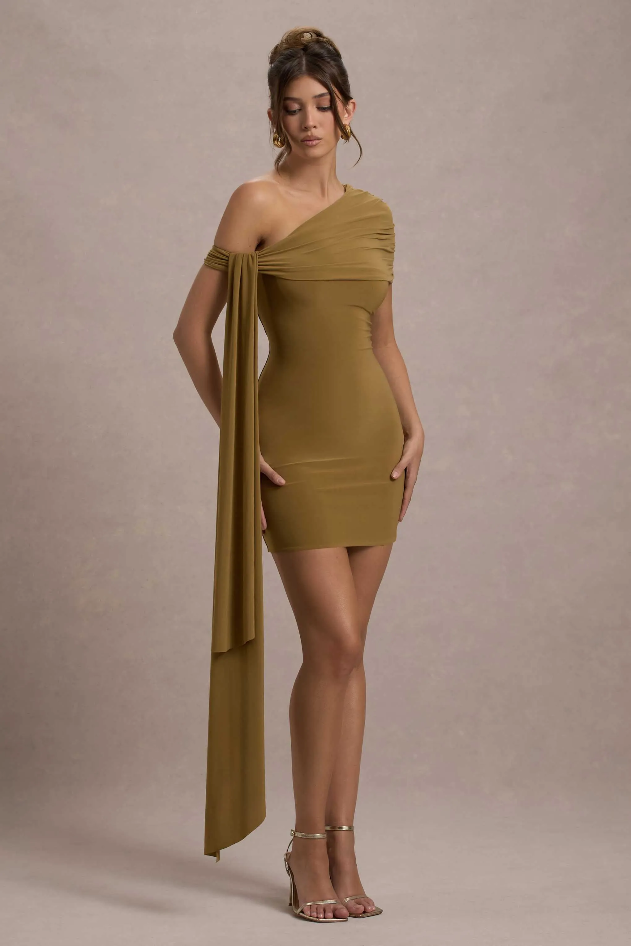 Alessio | Mustard One-Shoulder Mini Dress With Drape