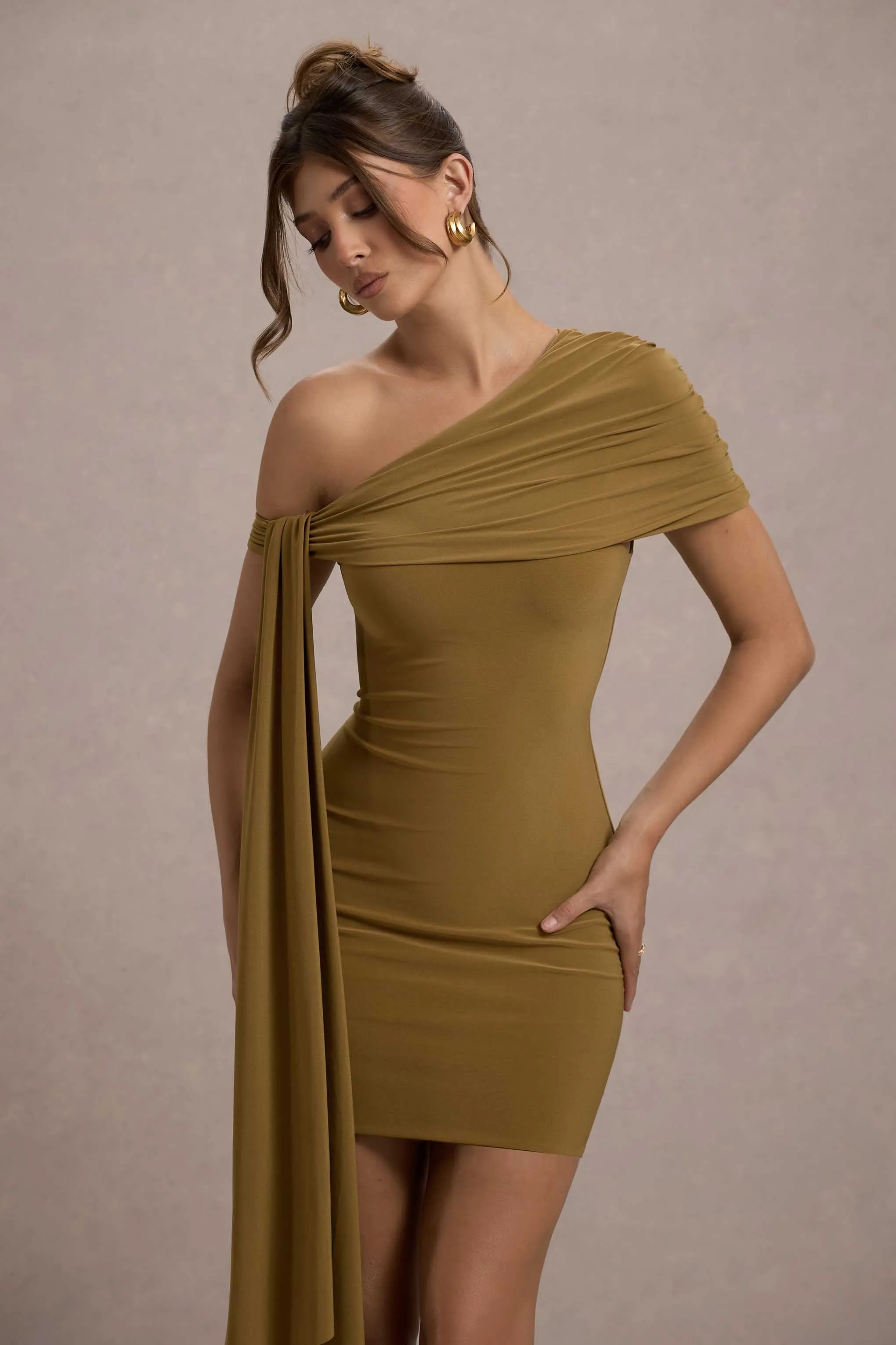 Alessio | Mustard One-Shoulder Mini Dress With Drape