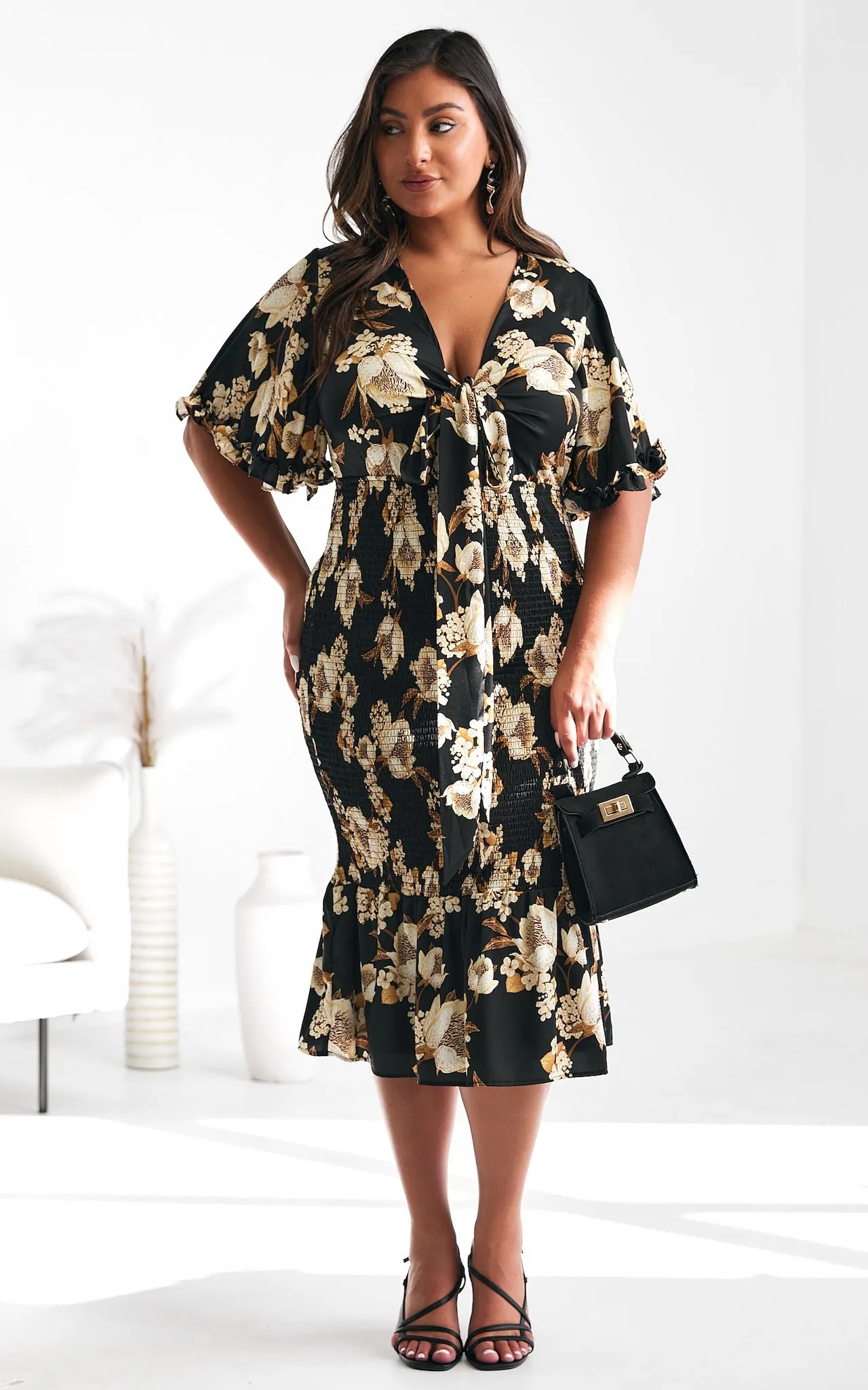 Amata Midi Dress - Black Floral