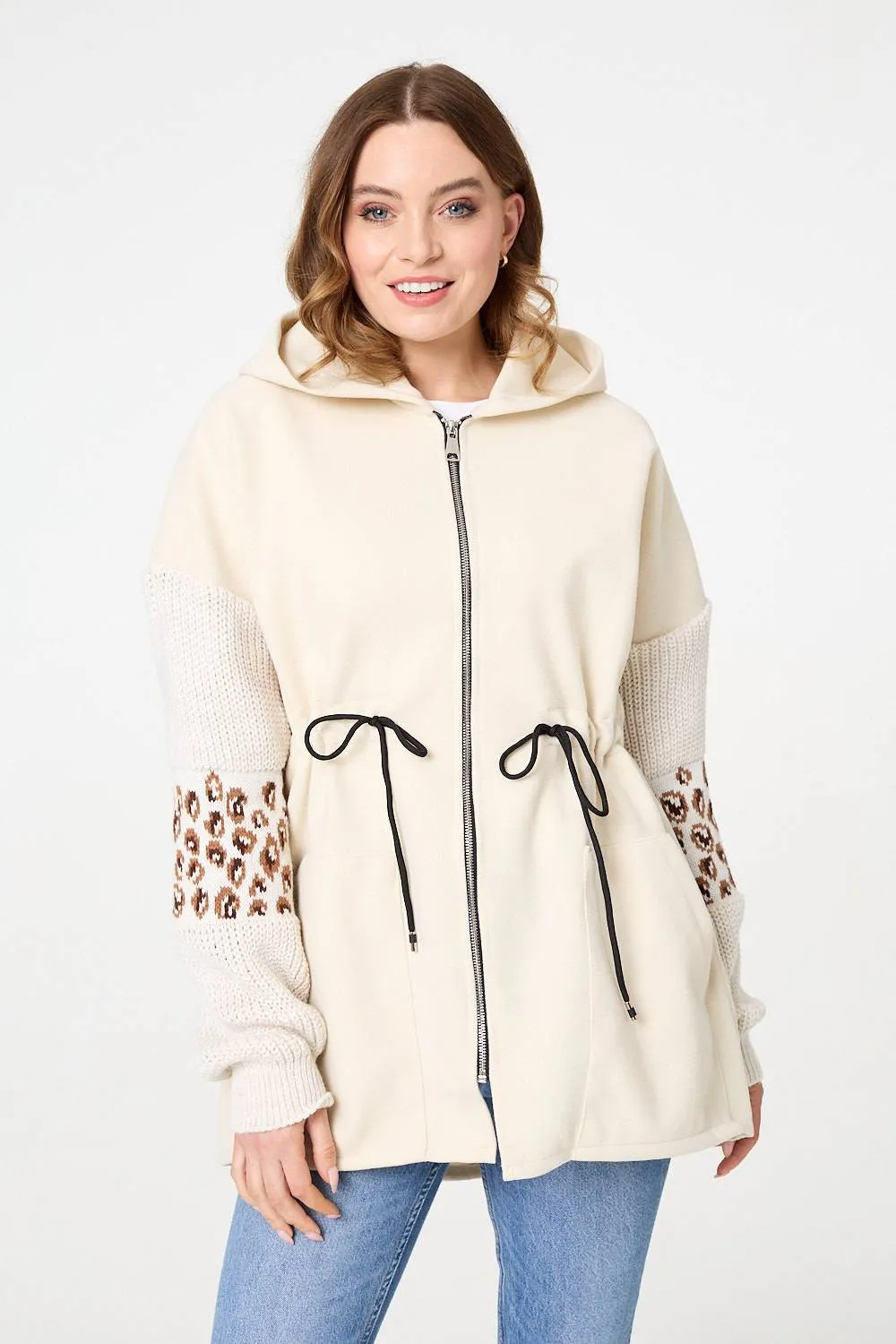 Animal Print Zip Front Relaxed Hoodie