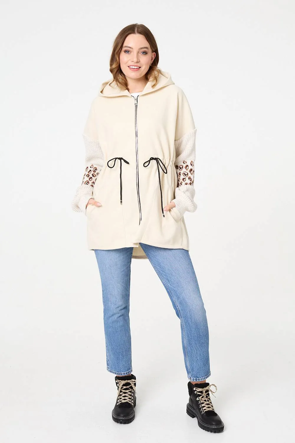 Animal Print Zip Front Relaxed Hoodie