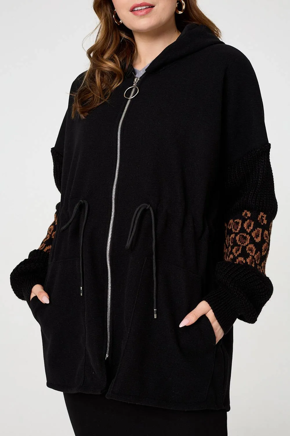 Animal Print Zip Front Relaxed Hoodie