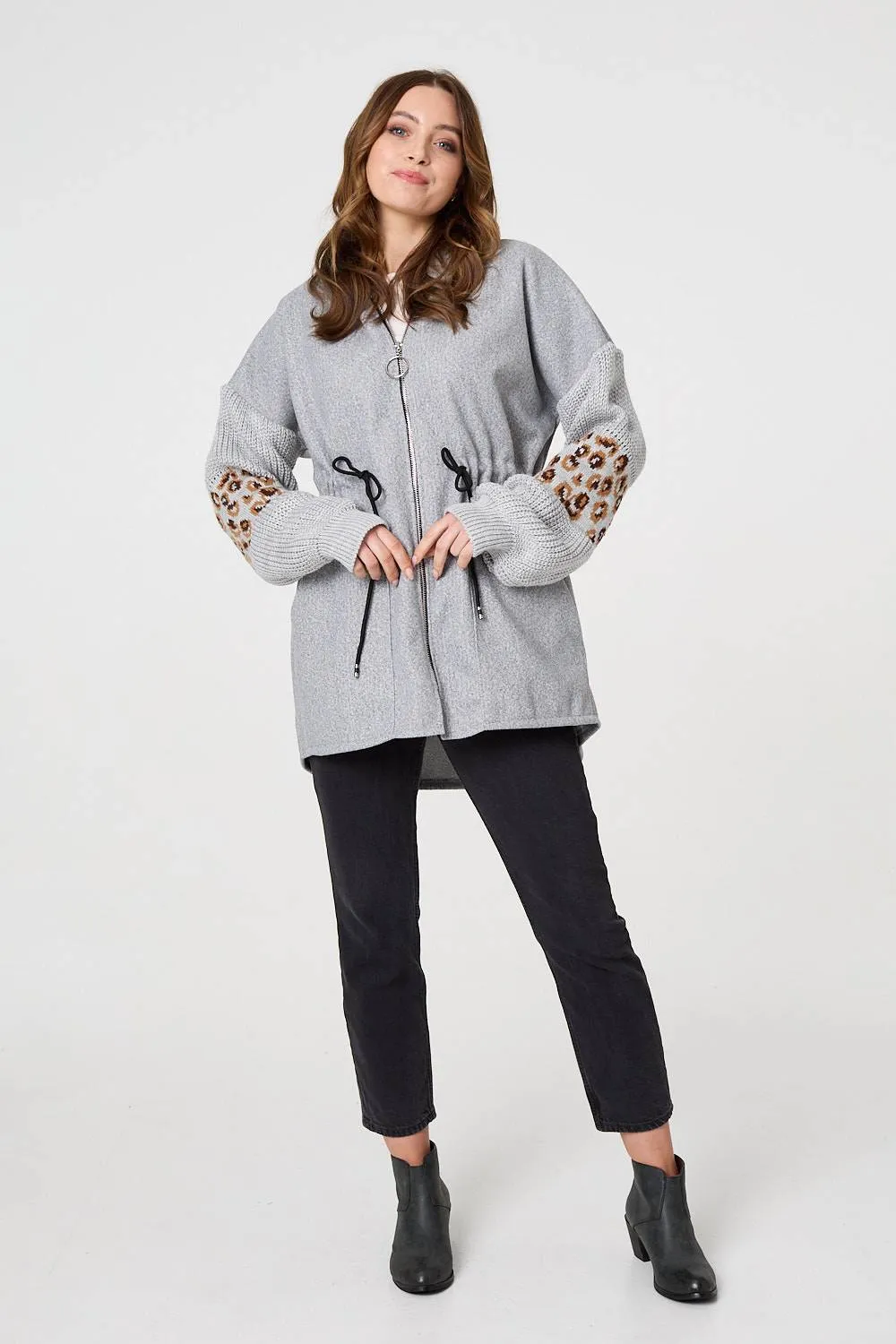 Animal Print Zip Front Relaxed Hoodie