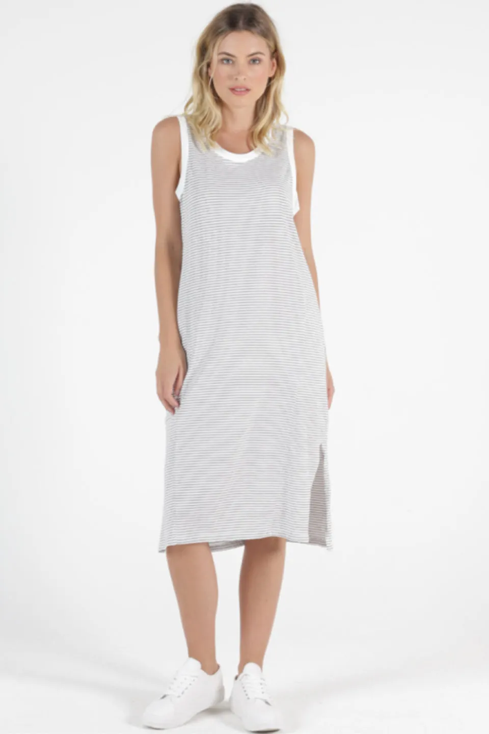 Arwin Midi SL White Black Stripe Cotton Tank Dress