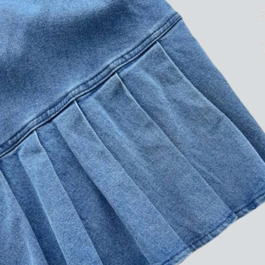 Asymmetric pleated strapless denim dress