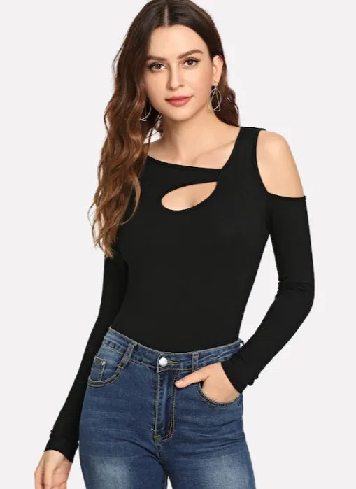 Asymmetrical Arm Cut Out Solid Tee