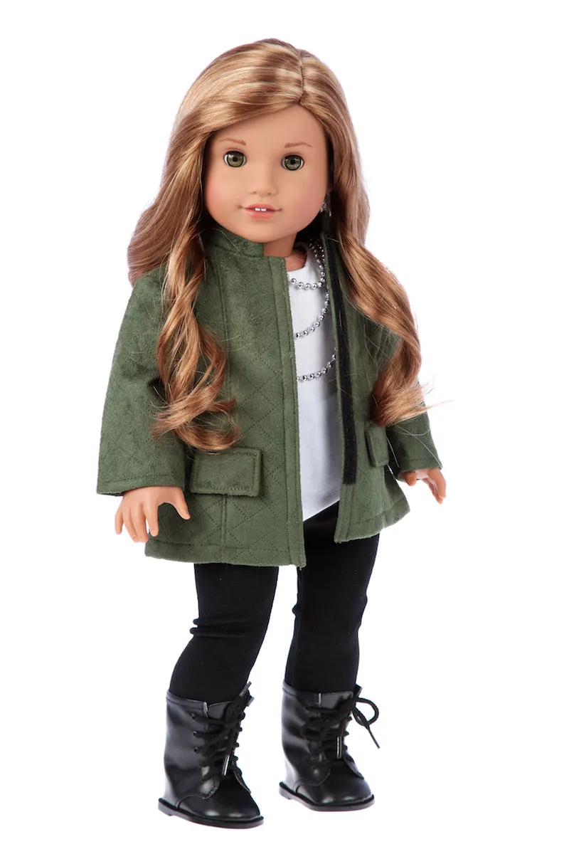 Autumn Stroll - 4 Piece Doll Outfit - Green Coat, White Blouse, Black Velvet Leggings, Black Boots