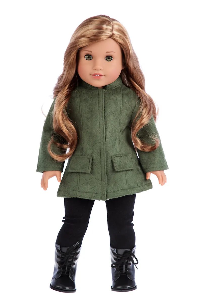 Autumn Stroll - 4 Piece Doll Outfit - Green Coat, White Blouse, Black Velvet Leggings, Black Boots