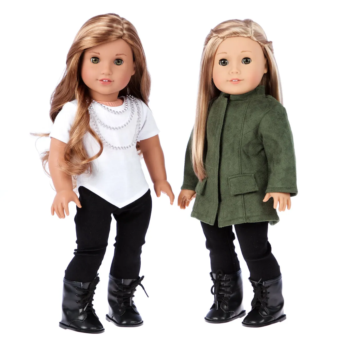 Autumn Stroll - 4 Piece Doll Outfit - Green Coat, White Blouse, Black Velvet Leggings, Black Boots