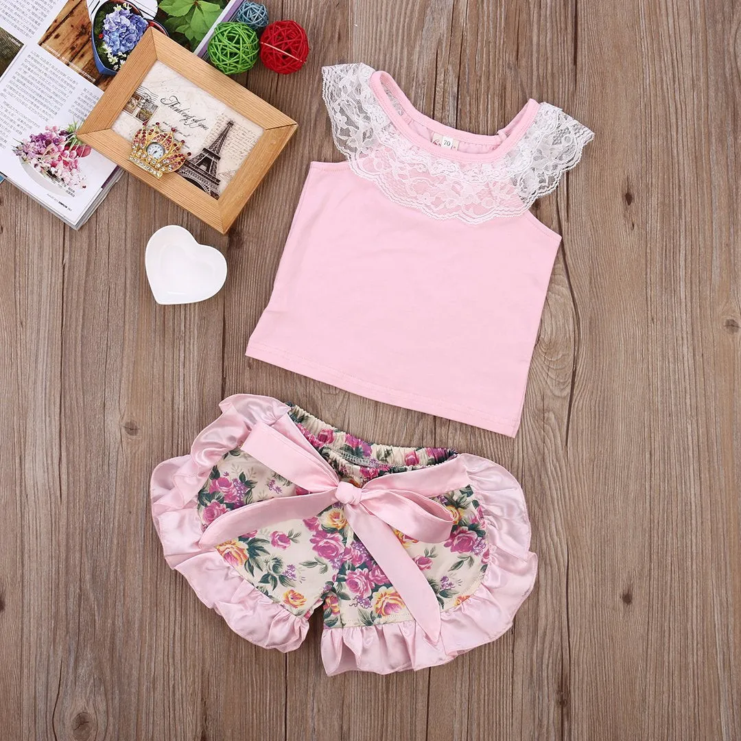 Baby Girl Clothing Set Lace Tops T-shirt Floral Shorts Culottes Outfits