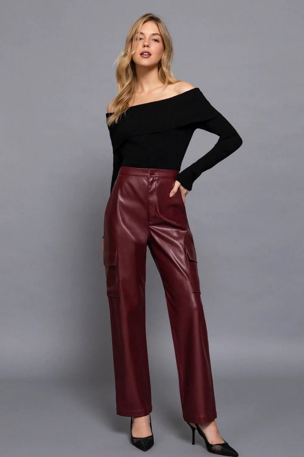 Back Elastic Band Zipper Closure Cargo Faux Leather Pants - Wine