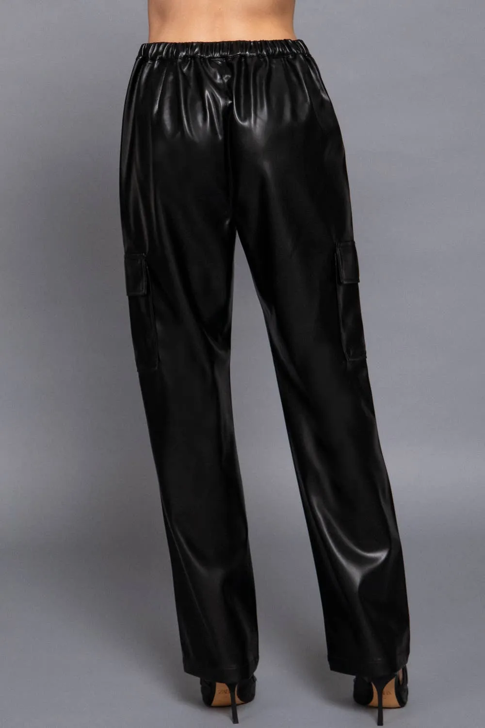 Back Elastic Band Zipper Closure Cargo Faux Leather Pants - Wine