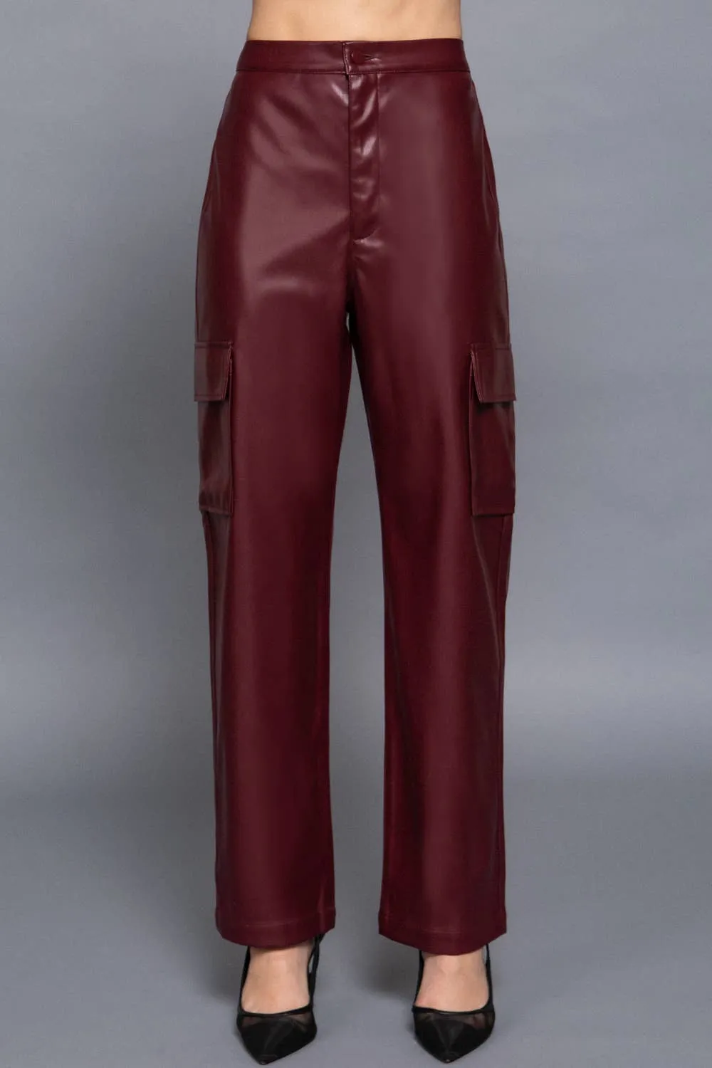 Back Elastic Band Zipper Closure Cargo Faux Leather Pants - Wine