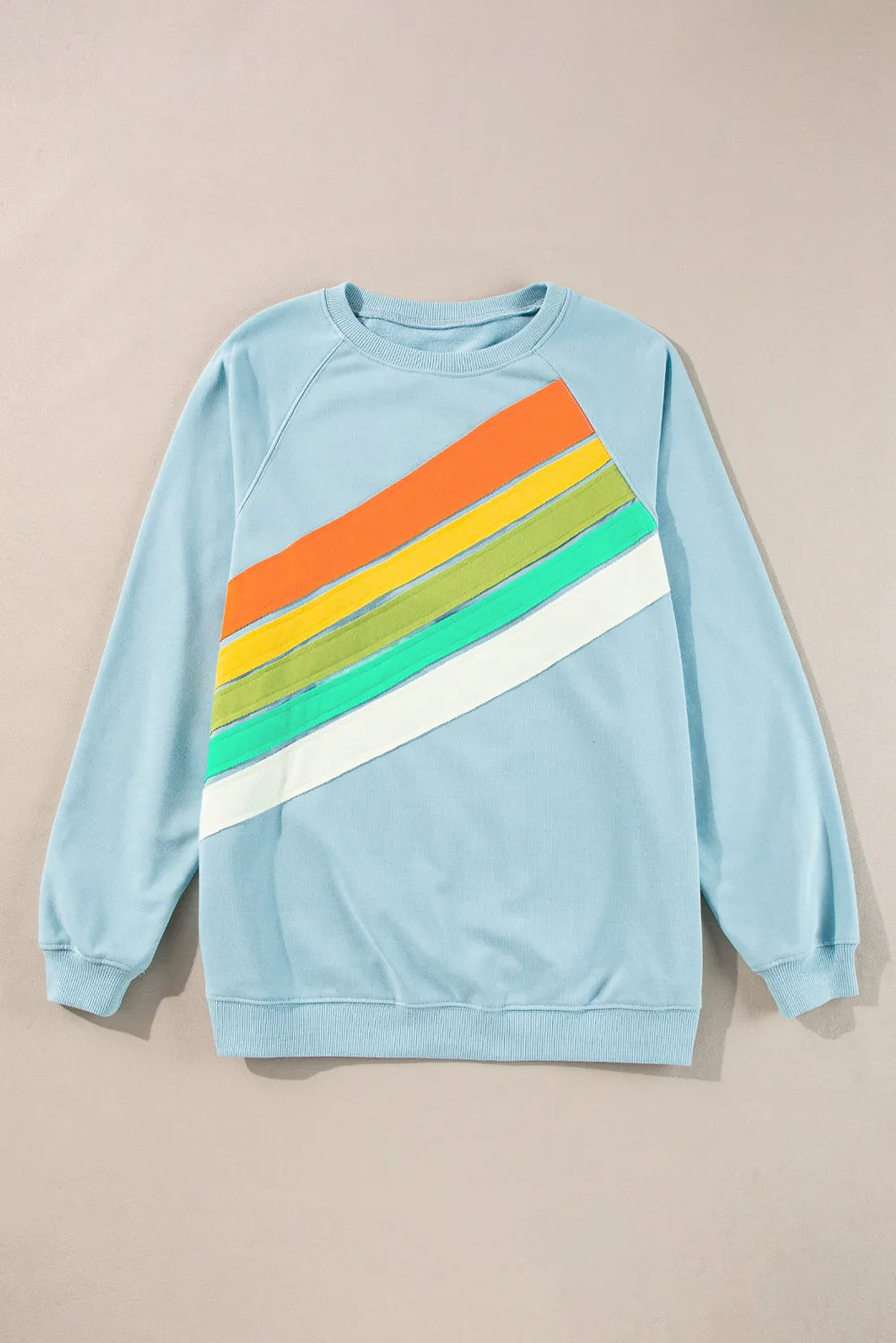 Beau Blue Rainbow Colorblock Striped Pullover Sweatshirt