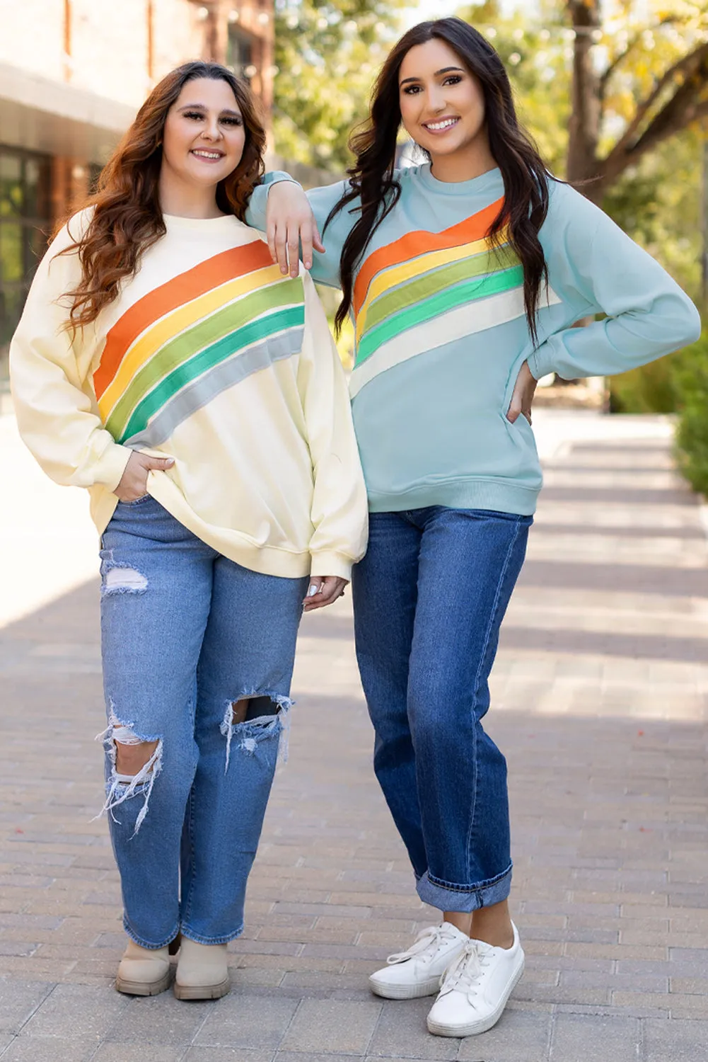 Beau Blue Rainbow Colorblock Striped Pullover Sweatshirt