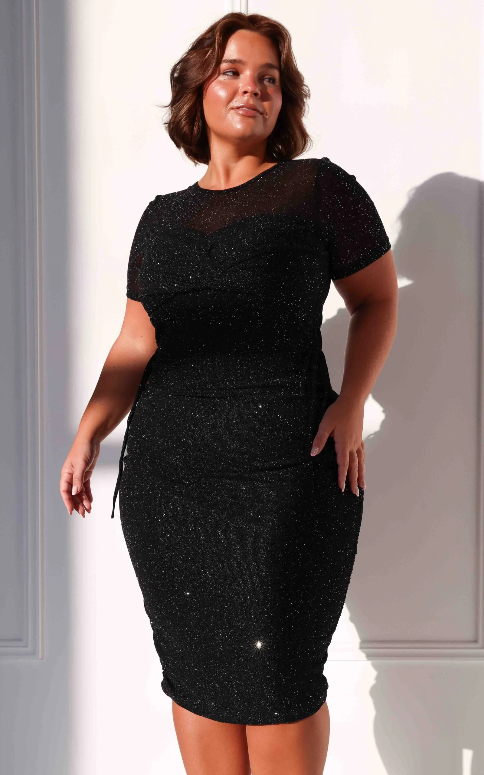 Before You Go Short Sleeve Mesh Dress - Black Metallic Glitter