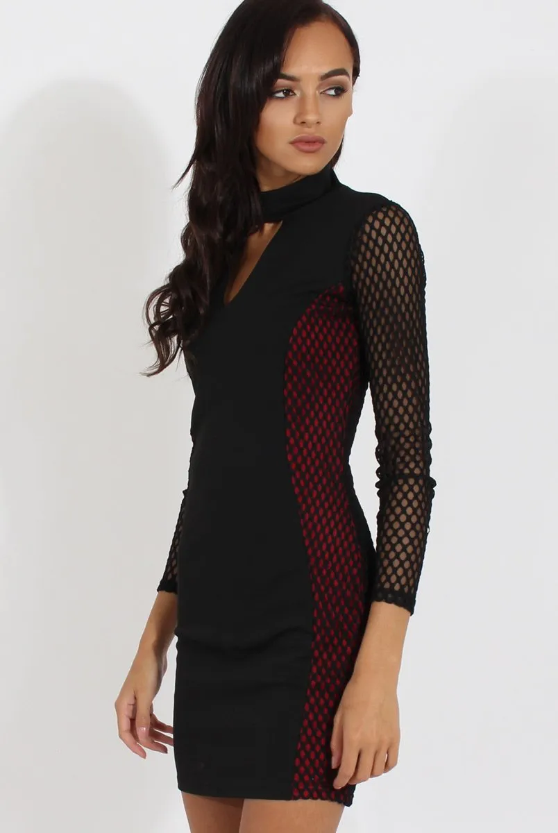 Black & Red Mesh Detail Cut Out Bodycon Dress - Derry