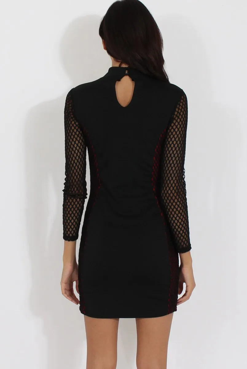 Black & Red Mesh Detail Cut Out Bodycon Dress - Derry